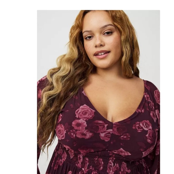 Torrid Fading Roses Floral Winetasting Babydoll with Long Mesh Sleeves Top 3X - Picture 6 of 8